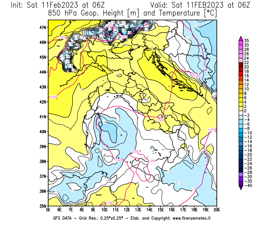 Mappa di analisi GFS - Geopotenziale [m] e Temperatura [°C] a 850 hPa in Italia
							del 11/02/2023 06 <!--googleoff: index-->UTC<!--googleon: index-->