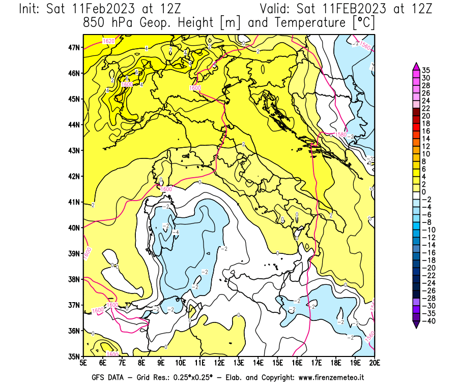 Mappa di analisi GFS - Geopotenziale [m] e Temperatura [°C] a 850 hPa in Italia
							del 11/02/2023 12 <!--googleoff: index-->UTC<!--googleon: index-->