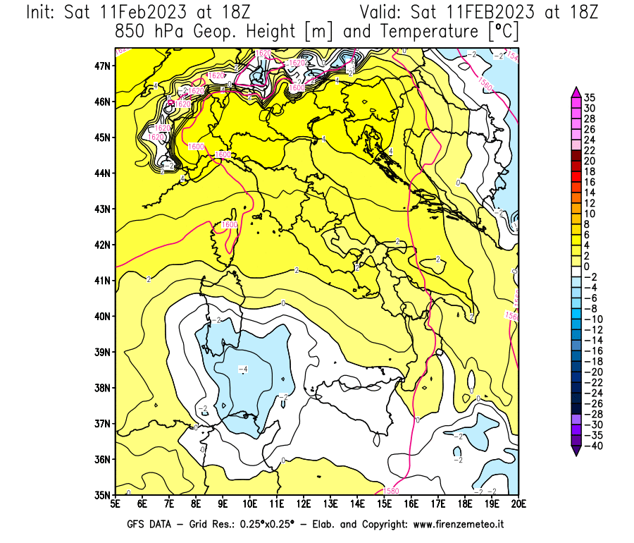 Mappa di analisi GFS - Geopotenziale [m] e Temperatura [°C] a 850 hPa in Italia
							del 11/02/2023 18 <!--googleoff: index-->UTC<!--googleon: index-->