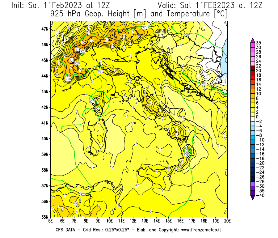 Mappa di analisi GFS - Geopotenziale [m] e Temperatura [°C] a 925 hPa in Italia
							del 11/02/2023 12 <!--googleoff: index-->UTC<!--googleon: index-->