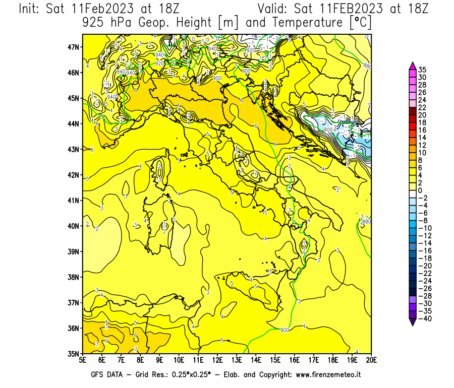 Mappa di analisi GFS - Geopotenziale [m] e Temperatura [°C] a 925 hPa in Italia
							del 11/02/2023 18 <!--googleoff: index-->UTC<!--googleon: index-->