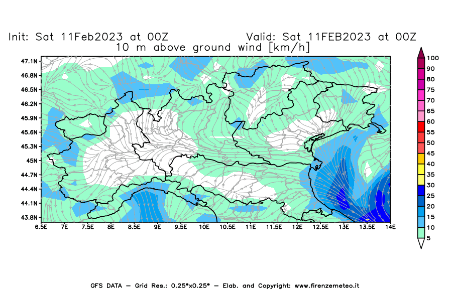 Mappa di analisi GFS - Velocità del vento a 10 metri dal suolo [km/h] in Nord-Italia
							del 11/02/2023 00 <!--googleoff: index-->UTC<!--googleon: index-->