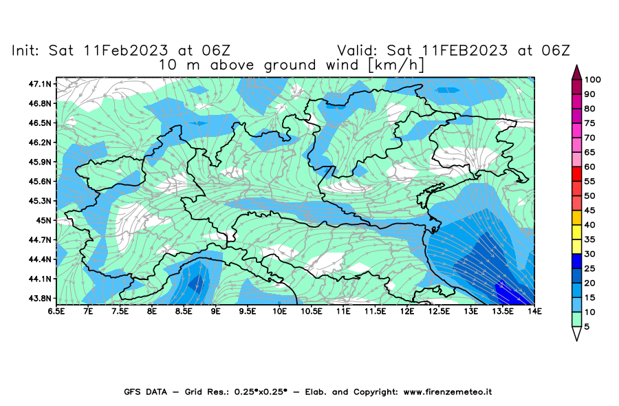 Mappa di analisi GFS - Velocità del vento a 10 metri dal suolo [km/h] in Nord-Italia
							del 11/02/2023 06 <!--googleoff: index-->UTC<!--googleon: index-->