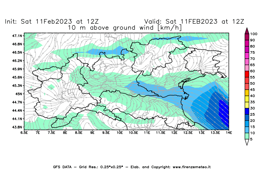Mappa di analisi GFS - Velocità del vento a 10 metri dal suolo [km/h] in Nord-Italia
							del 11/02/2023 12 <!--googleoff: index-->UTC<!--googleon: index-->