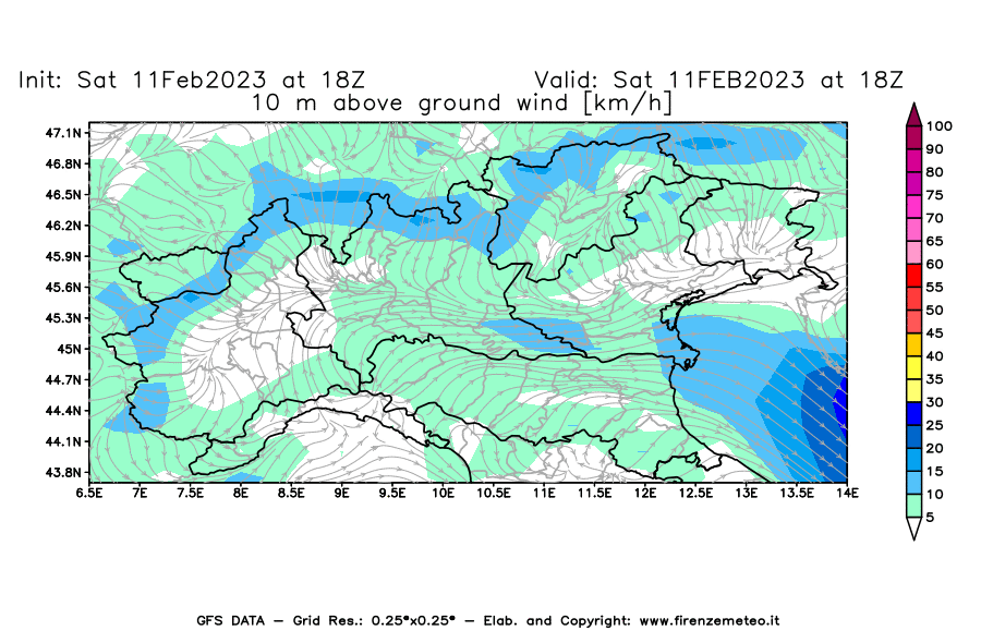Mappa di analisi GFS - Velocità del vento a 10 metri dal suolo [km/h] in Nord-Italia
							del 11/02/2023 18 <!--googleoff: index-->UTC<!--googleon: index-->