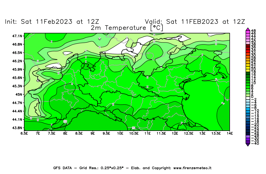 Mappa di analisi GFS - Temperatura a 2 metri dal suolo [°C] in Nord-Italia
							del 11/02/2023 12 <!--googleoff: index-->UTC<!--googleon: index-->