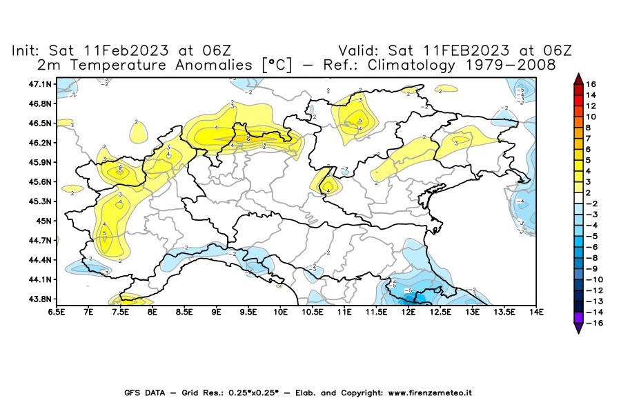 Mappa di analisi GFS - Anomalia Temperatura [°C] a 2 m in Nord-Italia
							del 11/02/2023 06 <!--googleoff: index-->UTC<!--googleon: index-->