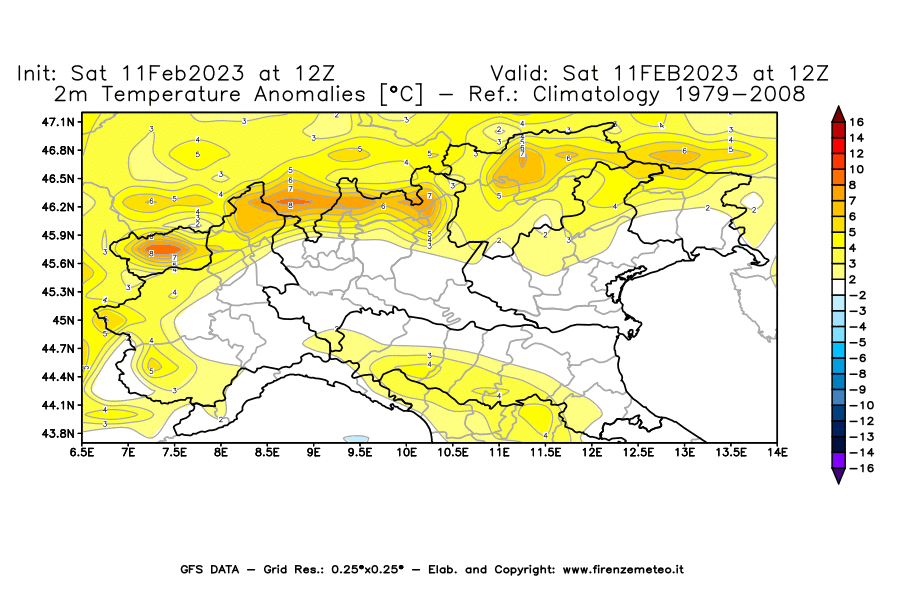 Mappa di analisi GFS - Anomalia Temperatura [°C] a 2 m in Nord-Italia
							del 11/02/2023 12 <!--googleoff: index-->UTC<!--googleon: index-->