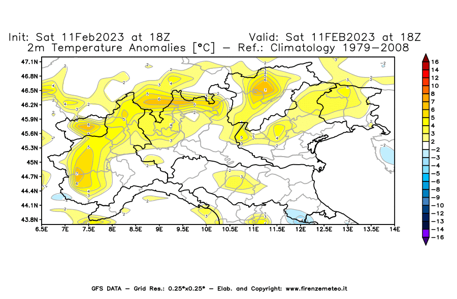 Mappa di analisi GFS - Anomalia Temperatura [°C] a 2 m in Nord-Italia
							del 11/02/2023 18 <!--googleoff: index-->UTC<!--googleon: index-->