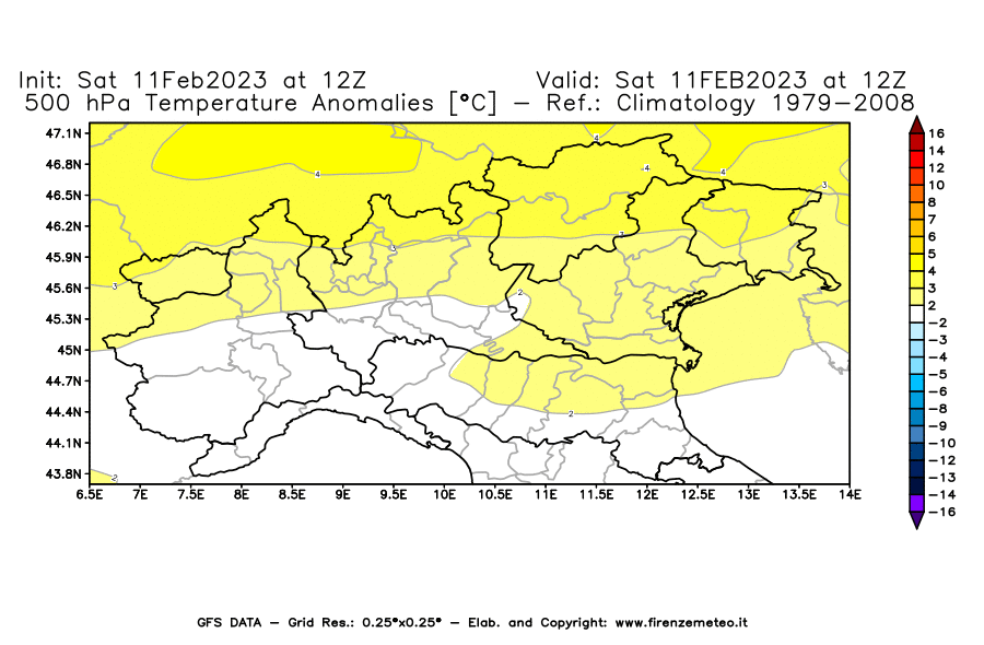 Mappa di analisi GFS - Anomalia Temperatura [°C] a 500 hPa in Nord-Italia
							del 11/02/2023 12 <!--googleoff: index-->UTC<!--googleon: index-->