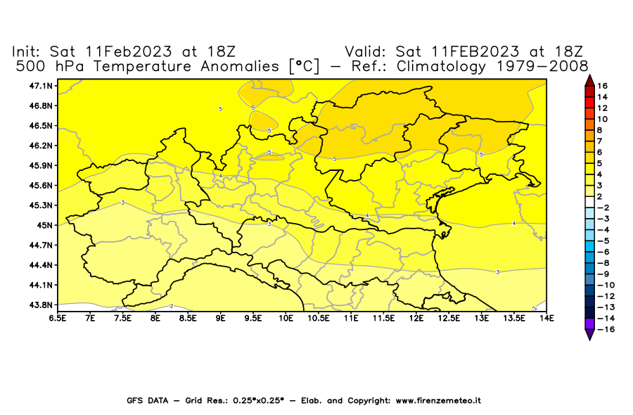 Mappa di analisi GFS - Anomalia Temperatura [°C] a 500 hPa in Nord-Italia
							del 11/02/2023 18 <!--googleoff: index-->UTC<!--googleon: index-->