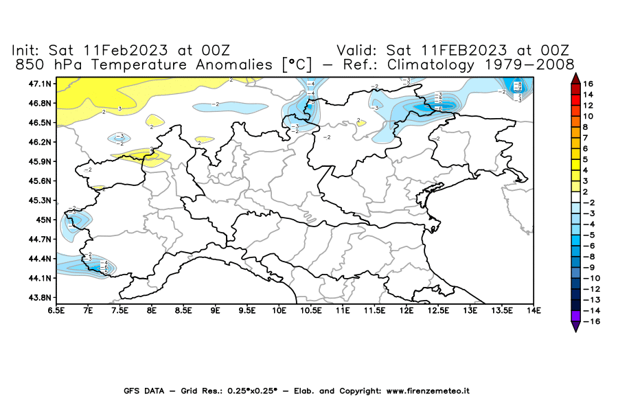 Mappa di analisi GFS - Anomalia Temperatura [°C] a 850 hPa in Nord-Italia
							del 11/02/2023 00 <!--googleoff: index-->UTC<!--googleon: index-->