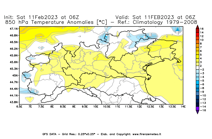 Mappa di analisi GFS - Anomalia Temperatura [°C] a 850 hPa in Nord-Italia
							del 11/02/2023 06 <!--googleoff: index-->UTC<!--googleon: index-->