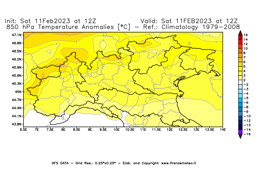 Mappa di analisi GFS - Anomalia Temperatura [°C] a 850 hPa in Nord-Italia
							del 11/02/2023 12 <!--googleoff: index-->UTC<!--googleon: index-->