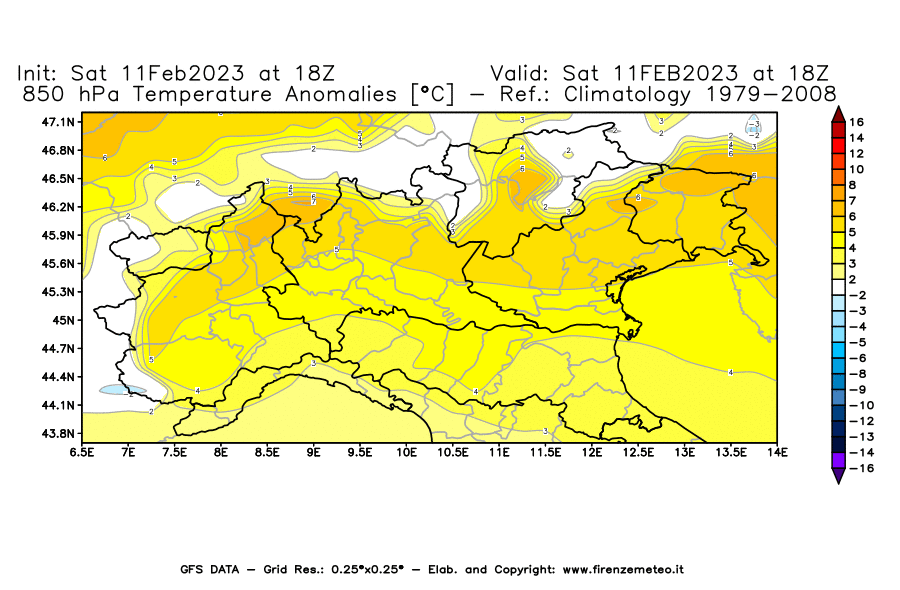 Mappa di analisi GFS - Anomalia Temperatura [°C] a 850 hPa in Nord-Italia
							del 11/02/2023 18 <!--googleoff: index-->UTC<!--googleon: index-->