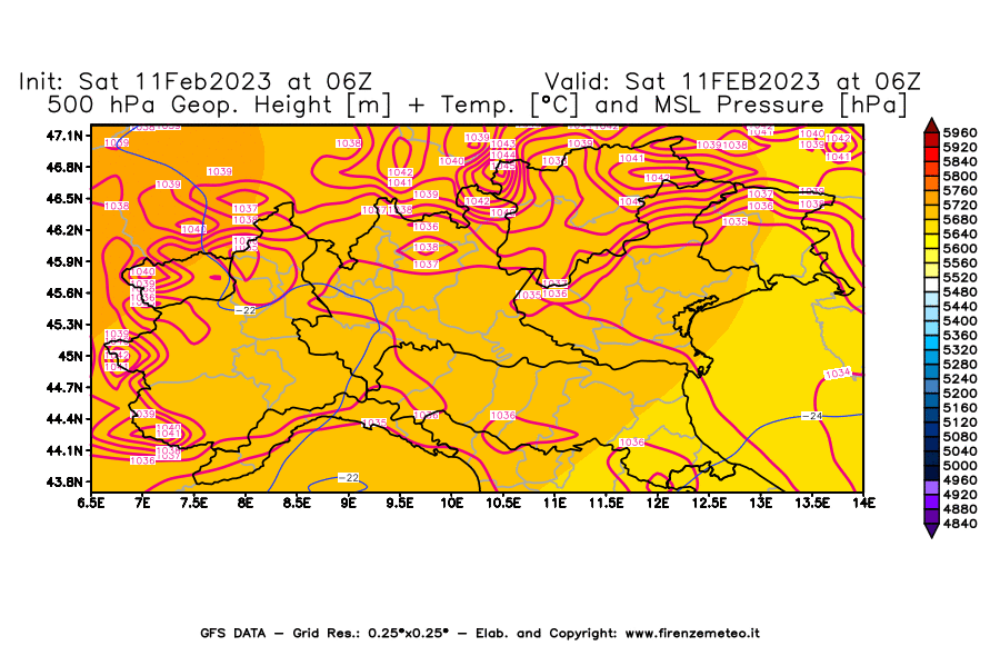 Mappa di analisi GFS - Geopotenziale [m] + Temp. [°C] a 500 hPa + Press. a livello del mare [hPa] in Nord-Italia
							del 11/02/2023 06 <!--googleoff: index-->UTC<!--googleon: index-->