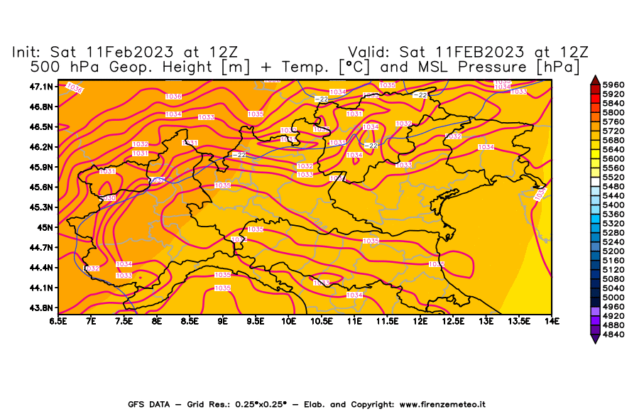 Mappa di analisi GFS - Geopotenziale [m] + Temp. [°C] a 500 hPa + Press. a livello del mare [hPa] in Nord-Italia
							del 11/02/2023 12 <!--googleoff: index-->UTC<!--googleon: index-->