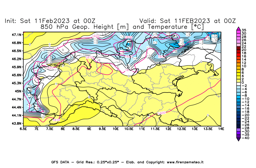 Mappa di analisi GFS - Geopotenziale [m] e Temperatura [°C] a 850 hPa in Nord-Italia
							del 11/02/2023 00 <!--googleoff: index-->UTC<!--googleon: index-->