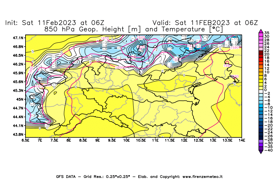 Mappa di analisi GFS - Geopotenziale [m] e Temperatura [°C] a 850 hPa in Nord-Italia
							del 11/02/2023 06 <!--googleoff: index-->UTC<!--googleon: index-->