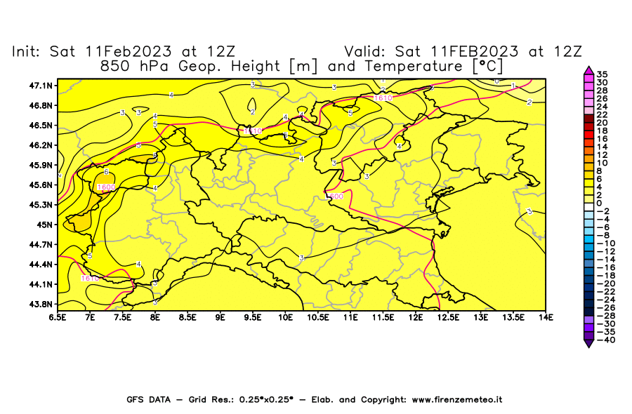 Mappa di analisi GFS - Geopotenziale [m] e Temperatura [°C] a 850 hPa in Nord-Italia
							del 11/02/2023 12 <!--googleoff: index-->UTC<!--googleon: index-->
