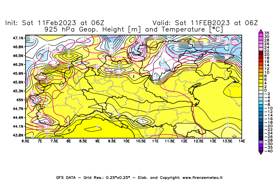 Mappa di analisi GFS - Geopotenziale [m] e Temperatura [°C] a 925 hPa in Nord-Italia
							del 11/02/2023 06 <!--googleoff: index-->UTC<!--googleon: index-->