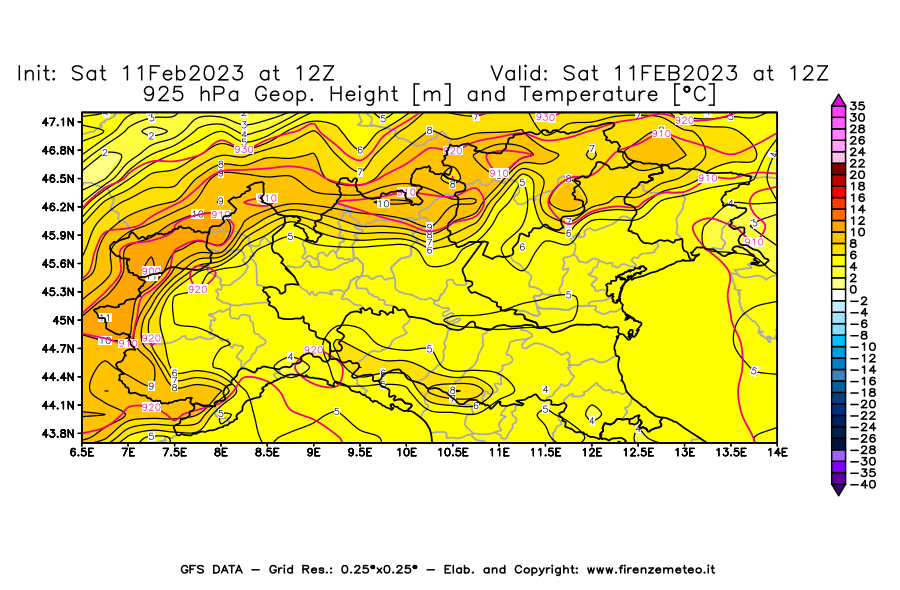 Mappa di analisi GFS - Geopotenziale [m] e Temperatura [°C] a 925 hPa in Nord-Italia
							del 11/02/2023 12 <!--googleoff: index-->UTC<!--googleon: index-->