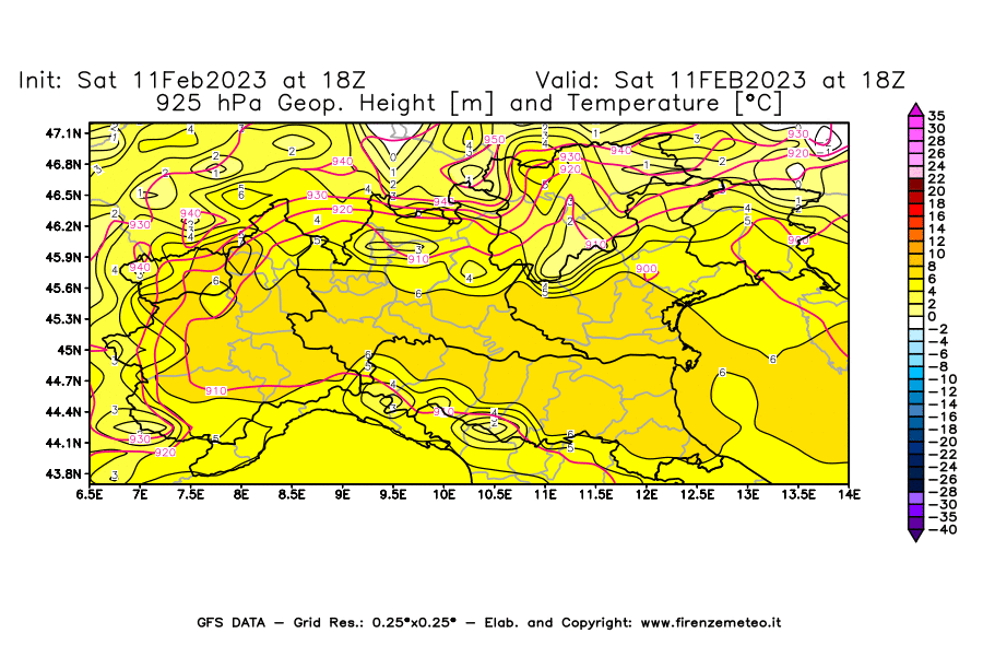 Mappa di analisi GFS - Geopotenziale [m] e Temperatura [°C] a 925 hPa in Nord-Italia
							del 11/02/2023 18 <!--googleoff: index-->UTC<!--googleon: index-->