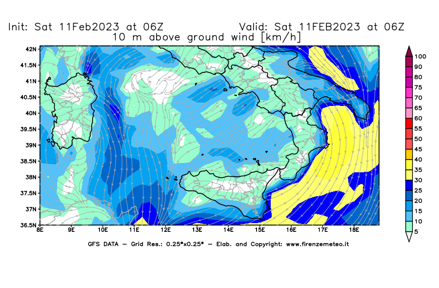 Mappa di analisi GFS - Velocità del vento a 10 metri dal suolo [km/h] in Sud-Italia
							del 11/02/2023 06 <!--googleoff: index-->UTC<!--googleon: index-->