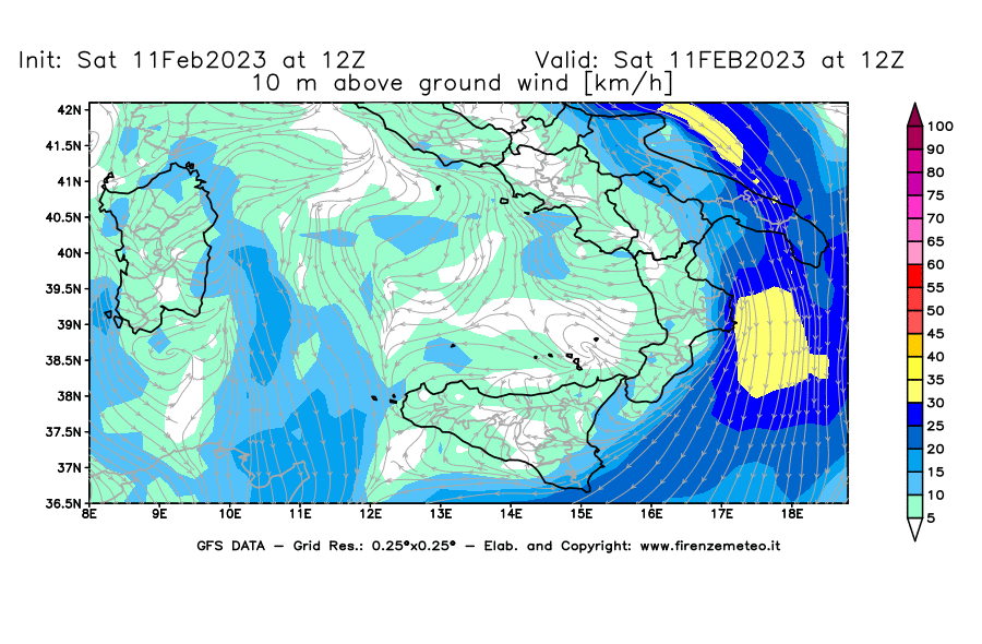 Mappa di analisi GFS - Velocità del vento a 10 metri dal suolo [km/h] in Sud-Italia
							del 11/02/2023 12 <!--googleoff: index-->UTC<!--googleon: index-->