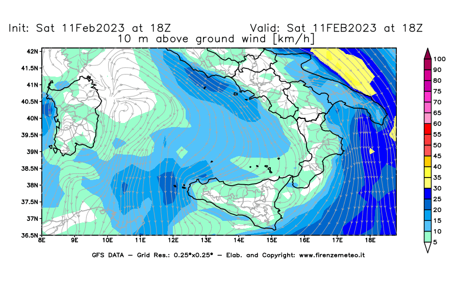 Mappa di analisi GFS - Velocità del vento a 10 metri dal suolo [km/h] in Sud-Italia
							del 11/02/2023 18 <!--googleoff: index-->UTC<!--googleon: index-->