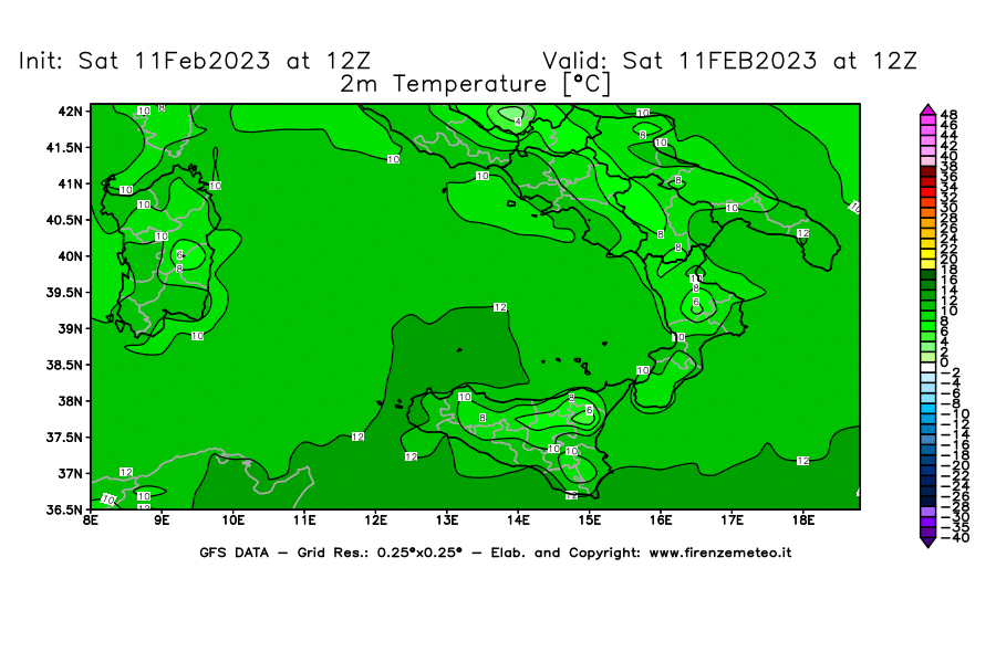 Mappa di analisi GFS - Temperatura a 2 metri dal suolo [°C] in Sud-Italia
							del 11/02/2023 12 <!--googleoff: index-->UTC<!--googleon: index-->