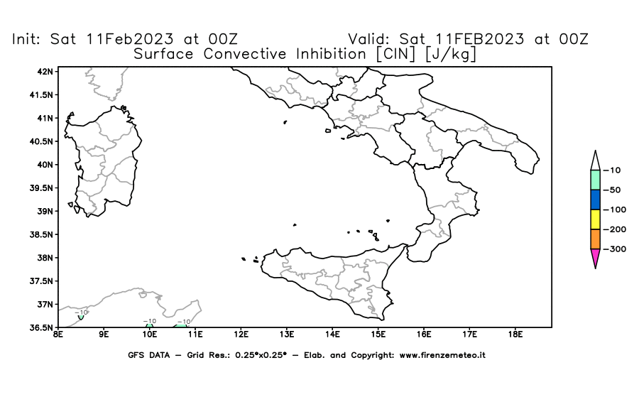 Mappa di analisi GFS - CIN [J/kg] in Sud-Italia
							del 11/02/2023 00 <!--googleoff: index-->UTC<!--googleon: index-->