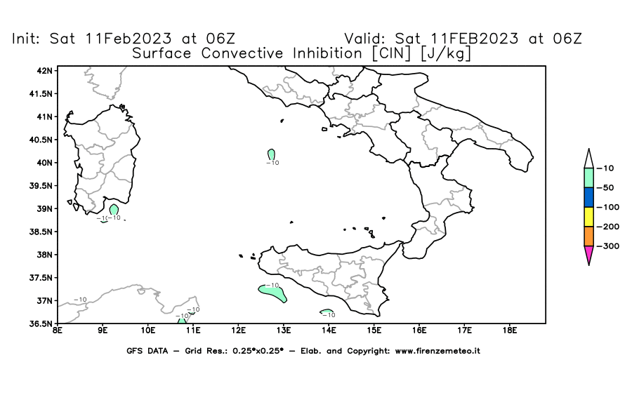 Mappa di analisi GFS - CIN [J/kg] in Sud-Italia
							del 11/02/2023 06 <!--googleoff: index-->UTC<!--googleon: index-->