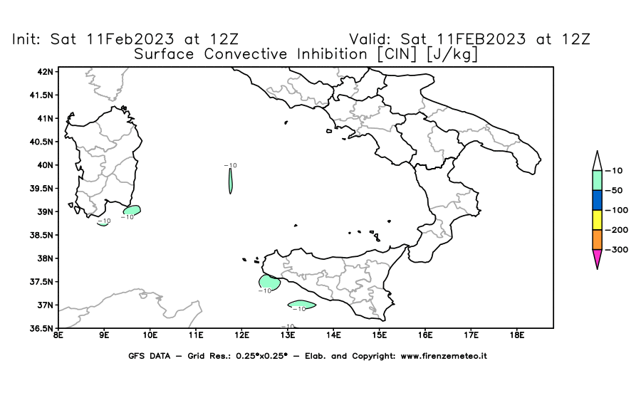 Mappa di analisi GFS - CIN [J/kg] in Sud-Italia
							del 11/02/2023 12 <!--googleoff: index-->UTC<!--googleon: index-->