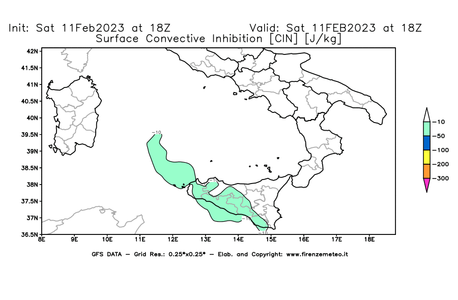 Mappa di analisi GFS - CIN [J/kg] in Sud-Italia
							del 11/02/2023 18 <!--googleoff: index-->UTC<!--googleon: index-->