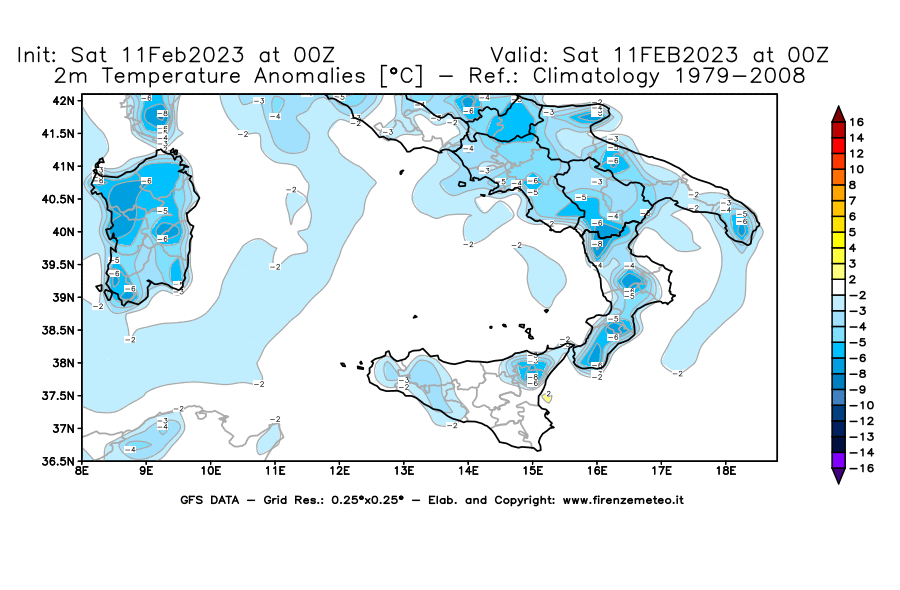 Mappa di analisi GFS - Anomalia Temperatura [°C] a 2 m in Sud-Italia
							del 11/02/2023 00 <!--googleoff: index-->UTC<!--googleon: index-->