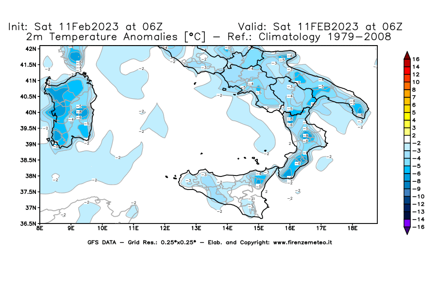 Mappa di analisi GFS - Anomalia Temperatura [°C] a 2 m in Sud-Italia
							del 11/02/2023 06 <!--googleoff: index-->UTC<!--googleon: index-->