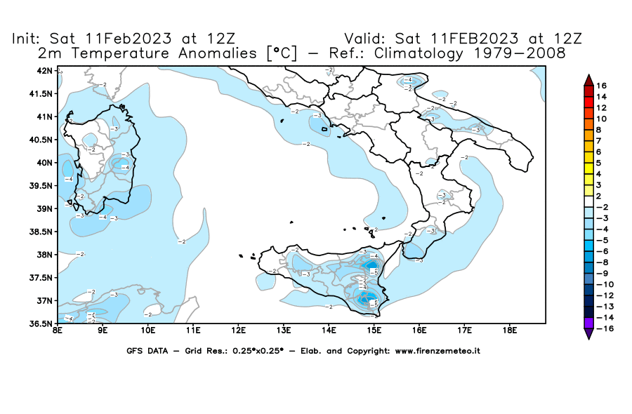 Mappa di analisi GFS - Anomalia Temperatura [°C] a 2 m in Sud-Italia
							del 11/02/2023 12 <!--googleoff: index-->UTC<!--googleon: index-->