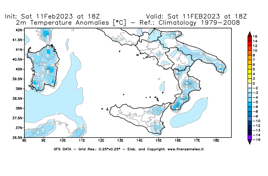Mappa di analisi GFS - Anomalia Temperatura [°C] a 2 m in Sud-Italia
							del 11/02/2023 18 <!--googleoff: index-->UTC<!--googleon: index-->
