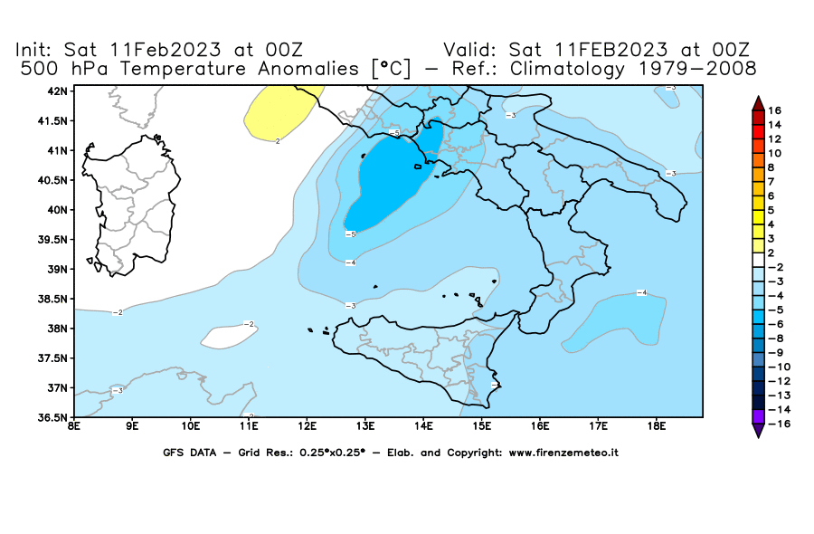 Mappa di analisi GFS - Anomalia Temperatura [°C] a 500 hPa in Sud-Italia
							del 11/02/2023 00 <!--googleoff: index-->UTC<!--googleon: index-->