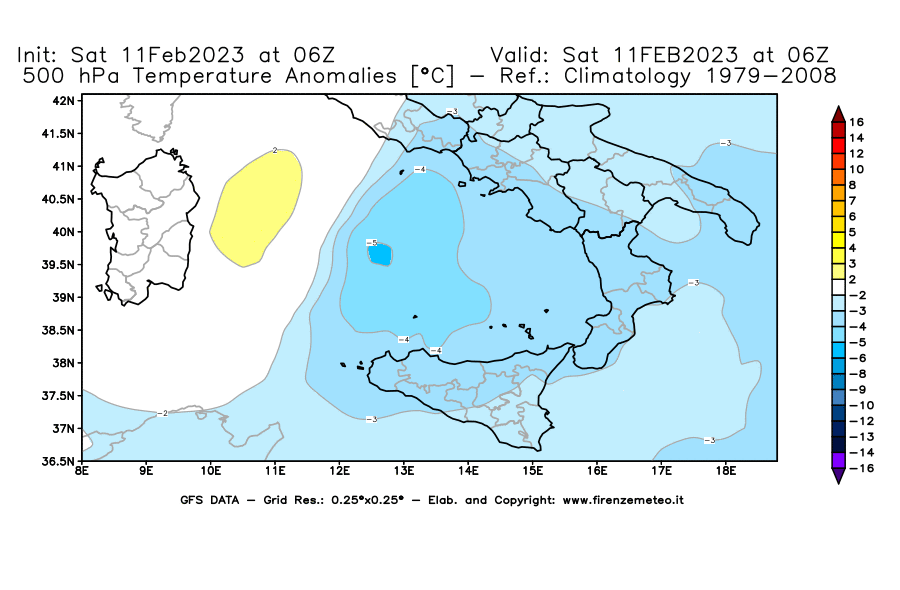 Mappa di analisi GFS - Anomalia Temperatura [°C] a 500 hPa in Sud-Italia
							del 11/02/2023 06 <!--googleoff: index-->UTC<!--googleon: index-->