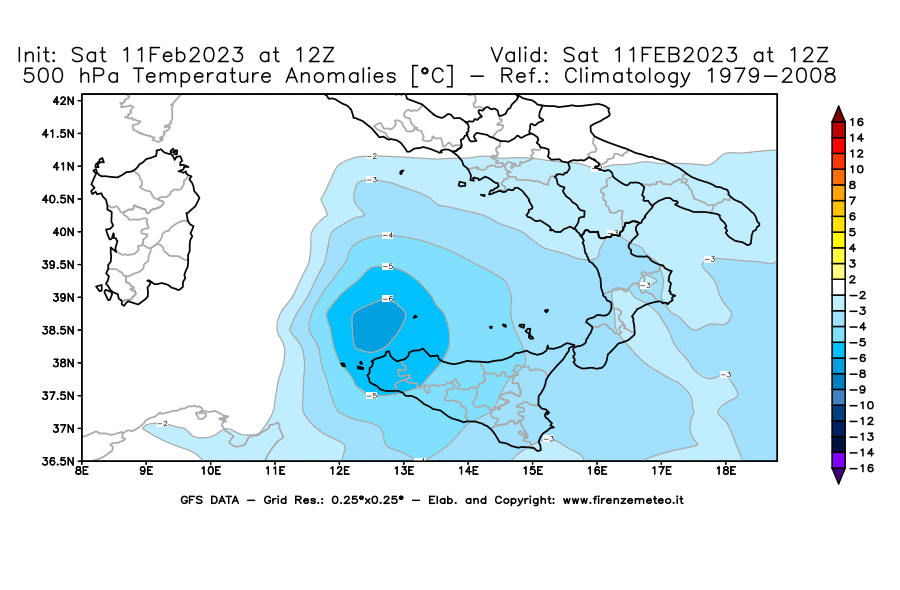 Mappa di analisi GFS - Anomalia Temperatura [°C] a 500 hPa in Sud-Italia
							del 11/02/2023 12 <!--googleoff: index-->UTC<!--googleon: index-->