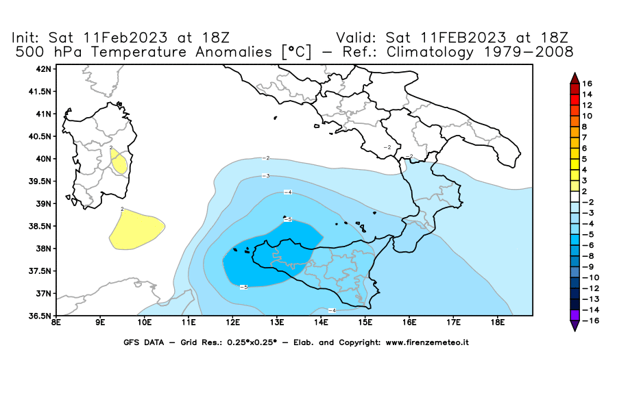 Mappa di analisi GFS - Anomalia Temperatura [°C] a 500 hPa in Sud-Italia
							del 11/02/2023 18 <!--googleoff: index-->UTC<!--googleon: index-->