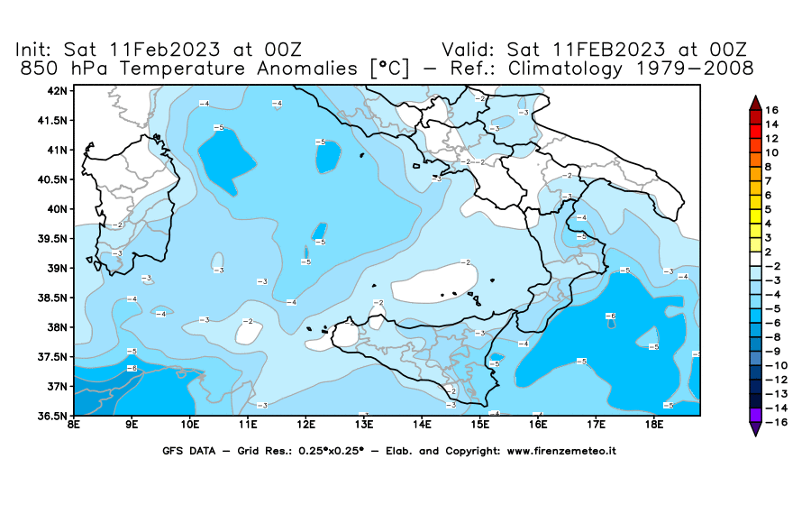 Mappa di analisi GFS - Anomalia Temperatura [°C] a 850 hPa in Sud-Italia
							del 11/02/2023 00 <!--googleoff: index-->UTC<!--googleon: index-->