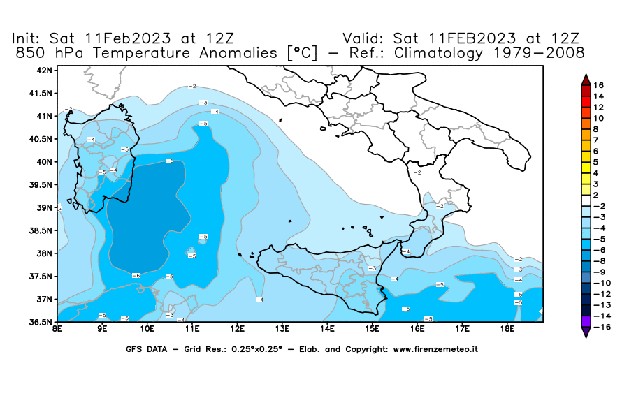 Mappa di analisi GFS - Anomalia Temperatura [°C] a 850 hPa in Sud-Italia
							del 11/02/2023 12 <!--googleoff: index-->UTC<!--googleon: index-->