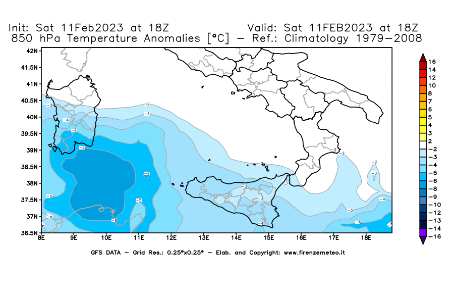 Mappa di analisi GFS - Anomalia Temperatura [°C] a 850 hPa in Sud-Italia
							del 11/02/2023 18 <!--googleoff: index-->UTC<!--googleon: index-->