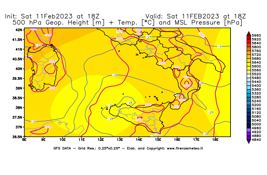 Mappa di analisi GFS - Geopotenziale [m] + Temp. [°C] a 500 hPa + Press. a livello del mare [hPa] in Sud-Italia
							del 11/02/2023 18 <!--googleoff: index-->UTC<!--googleon: index-->