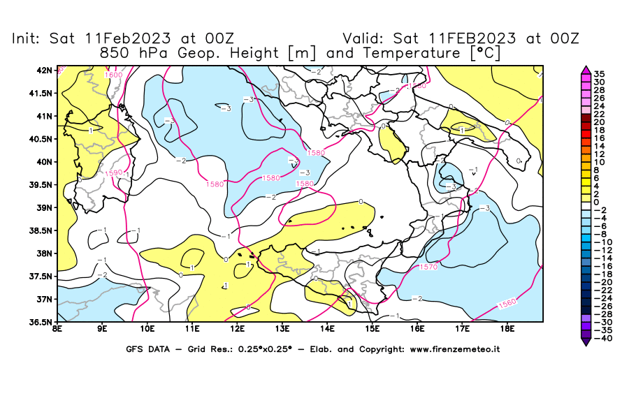 Mappa di analisi GFS - Geopotenziale [m] e Temperatura [°C] a 850 hPa in Sud-Italia
							del 11/02/2023 00 <!--googleoff: index-->UTC<!--googleon: index-->