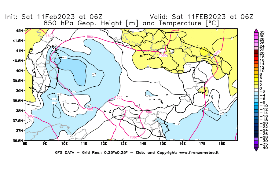 Mappa di analisi GFS - Geopotenziale [m] e Temperatura [°C] a 850 hPa in Sud-Italia
							del 11/02/2023 06 <!--googleoff: index-->UTC<!--googleon: index-->
