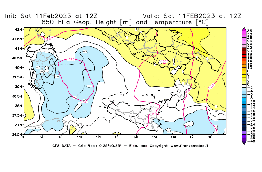 Mappa di analisi GFS - Geopotenziale [m] e Temperatura [°C] a 850 hPa in Sud-Italia
							del 11/02/2023 12 <!--googleoff: index-->UTC<!--googleon: index-->